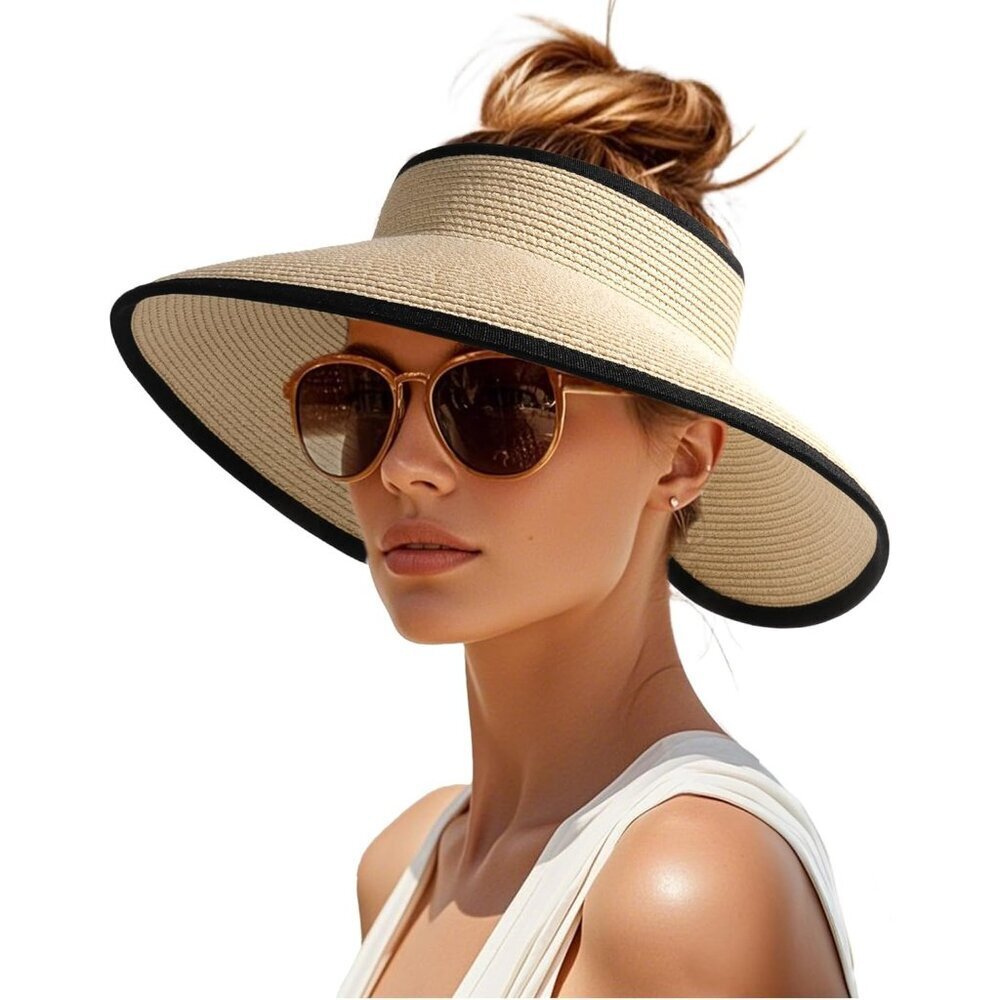 Women’s Straw Sun Visor Hat Wide Brim Packable UV Protection Vacation Beach